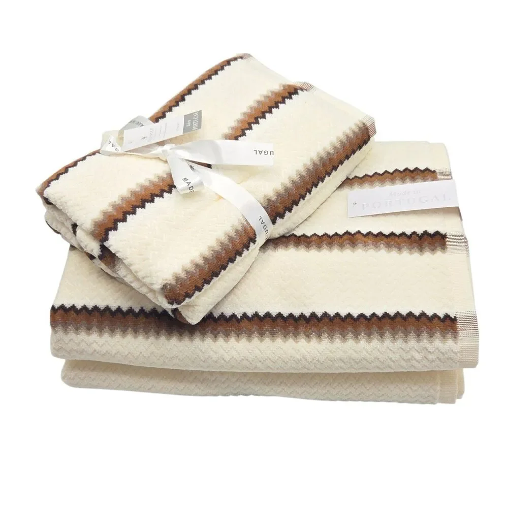 Felpinter 4pc Cotton Bath Hand Towel Set Chevron Stripe Cream Brown Portugal